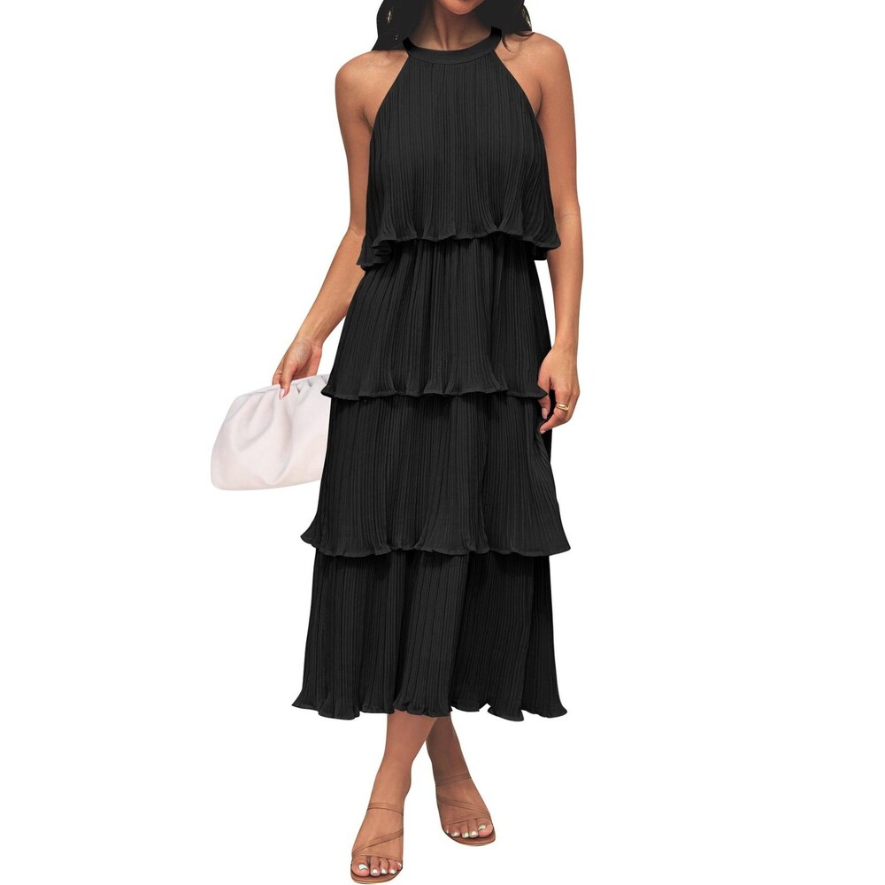 ZESICA Women's Halter Neck Tiered Ruffle Chiffon Flowy Swing Midi Dress Black
